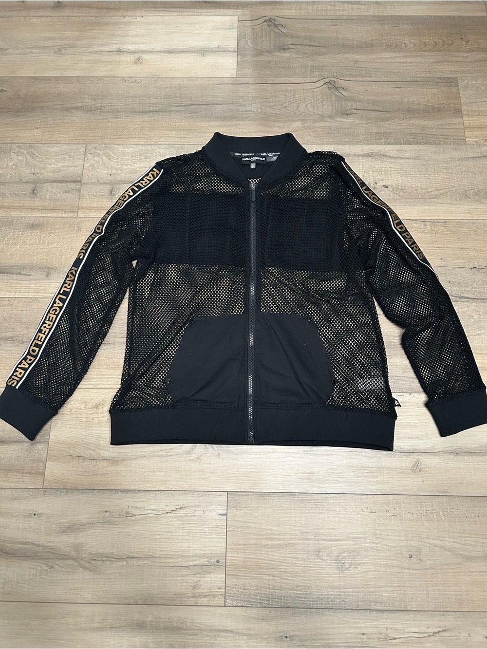 Karl Lagerfeld Black Mesh Bomber Jacket with Gold Logo Tape